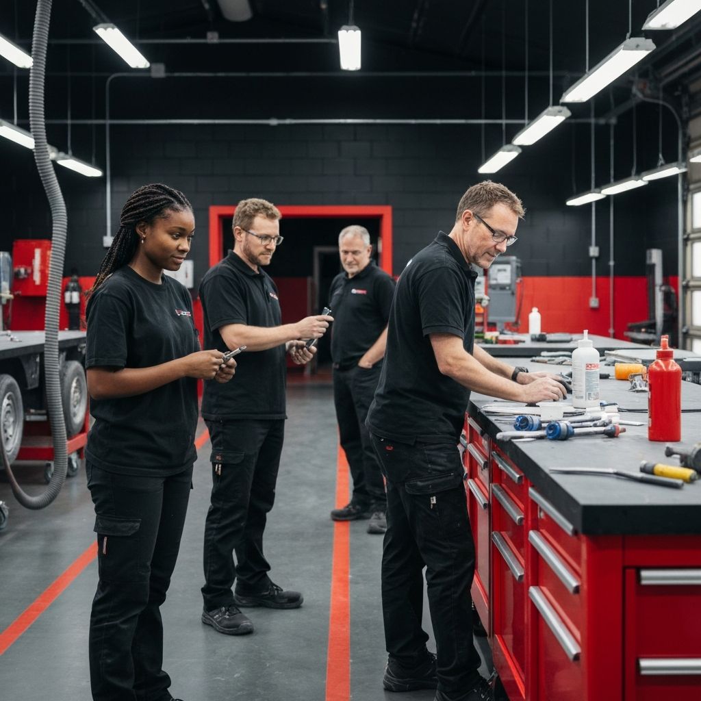 Auto body shop team working in professional facility